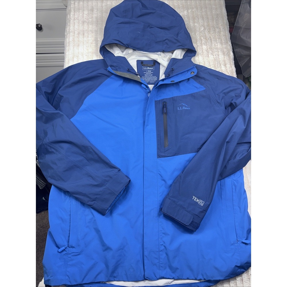 L.L.Bean Jacket Mens L Blue TEK O2 Hooded‎ Waterproof Shell Pit Zips EXCELLENT